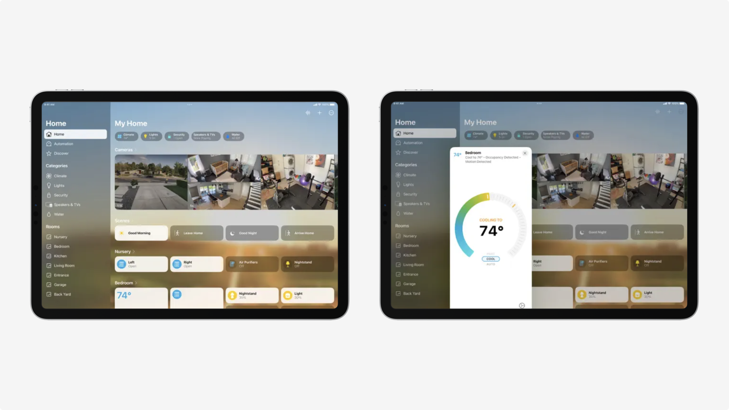 Apple Home app on iPad showing system overview and device control