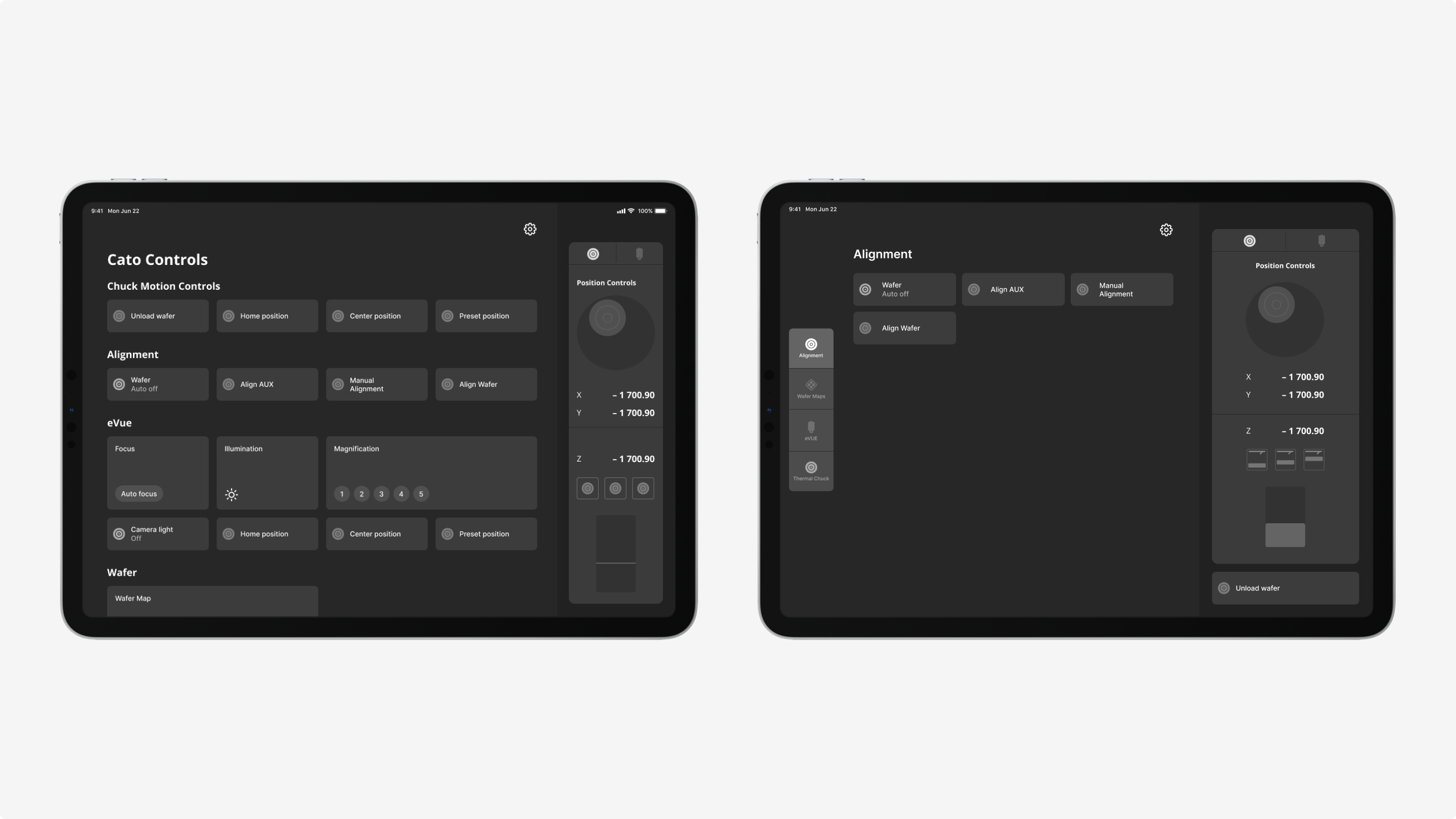 Different low fidelity navigation options for the FormFactor iPad app