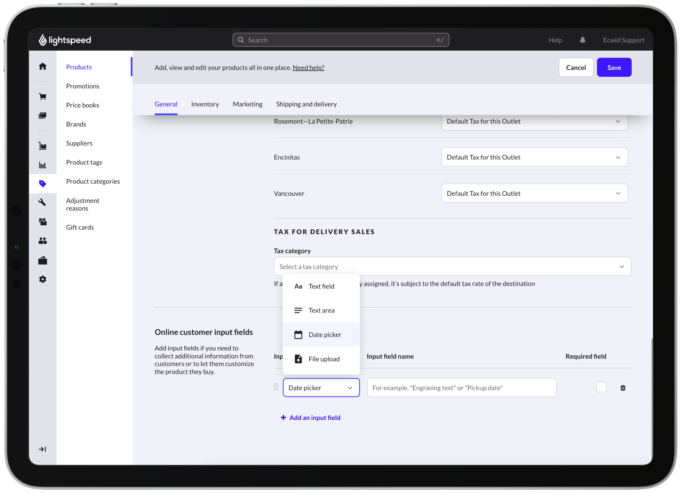 Lightspeed product settings with configurable online customer input fields