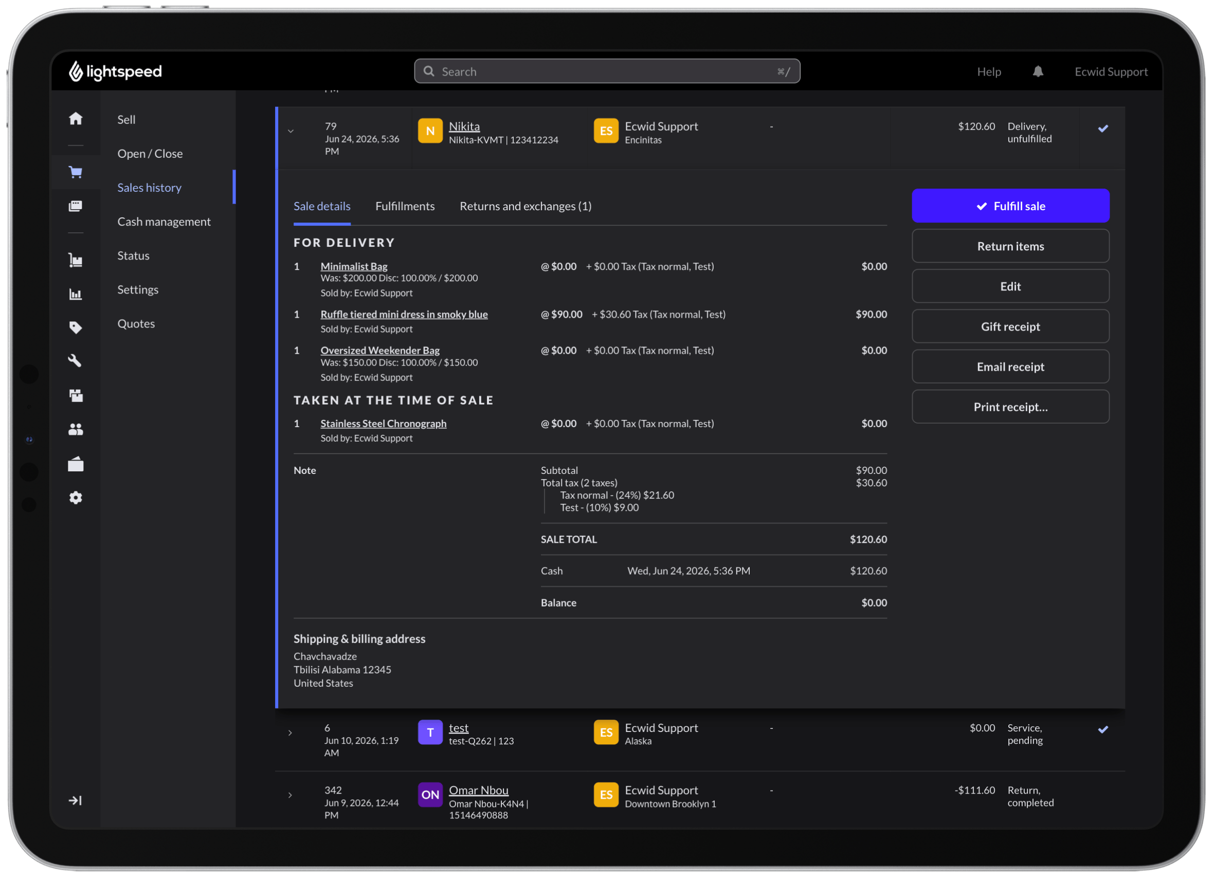 Existing Lightspeed sales history flow with sale details expanded