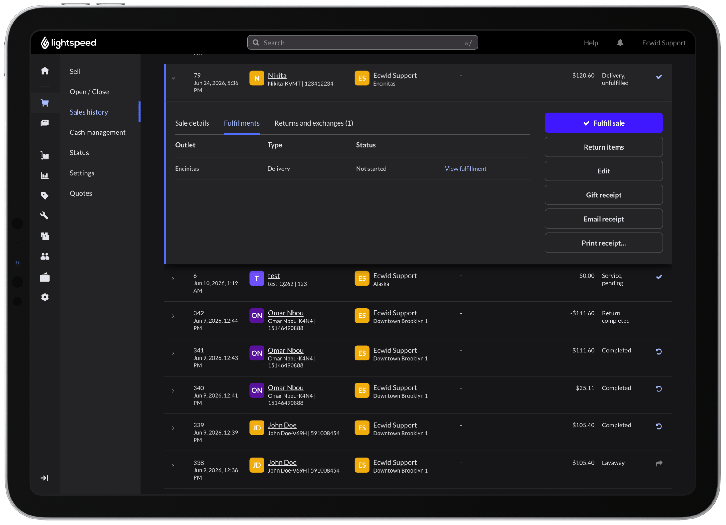 Existing Lightspeed sales history flow with fulfillment tab selected