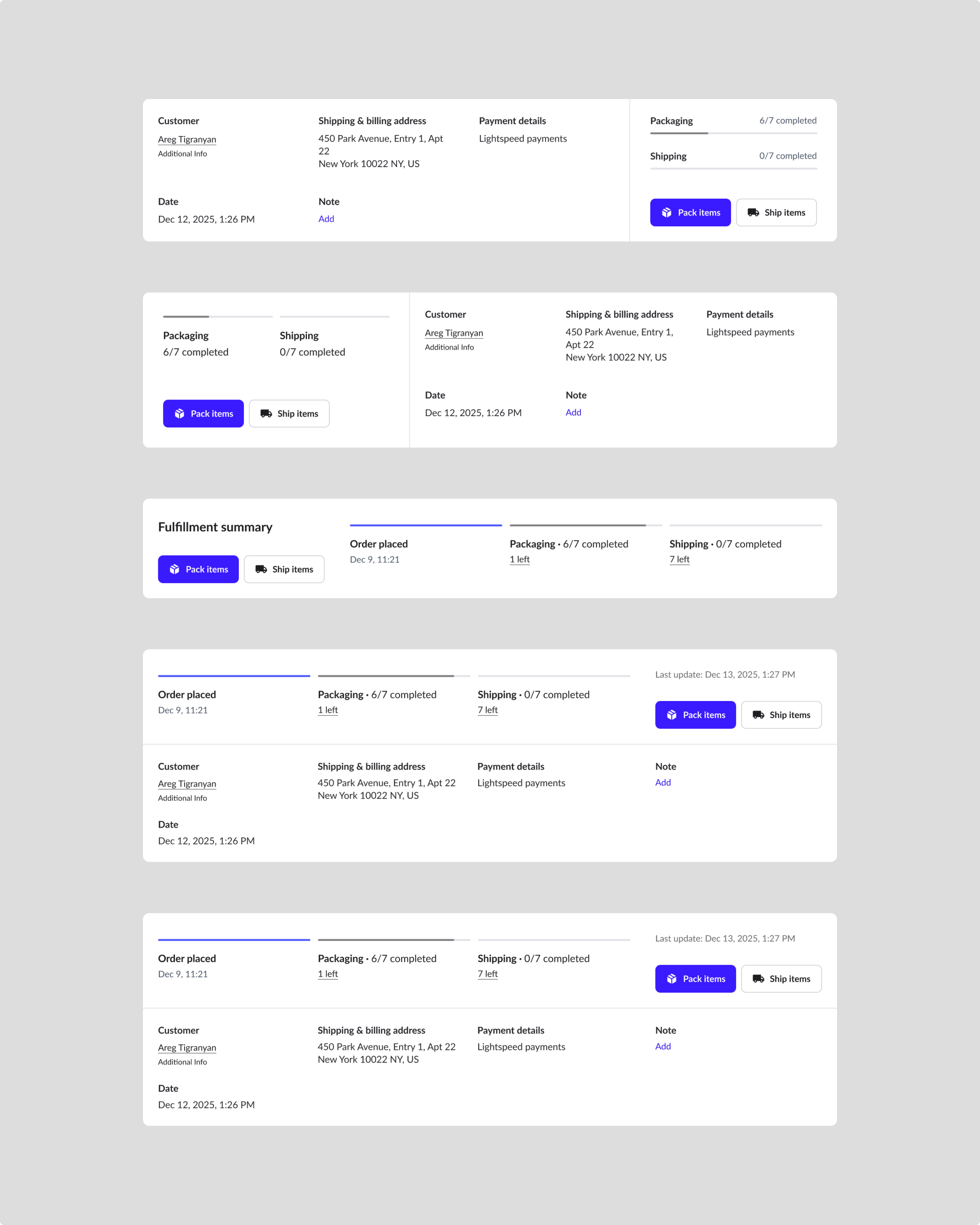 Timeline and fulfillment summary layout explorations