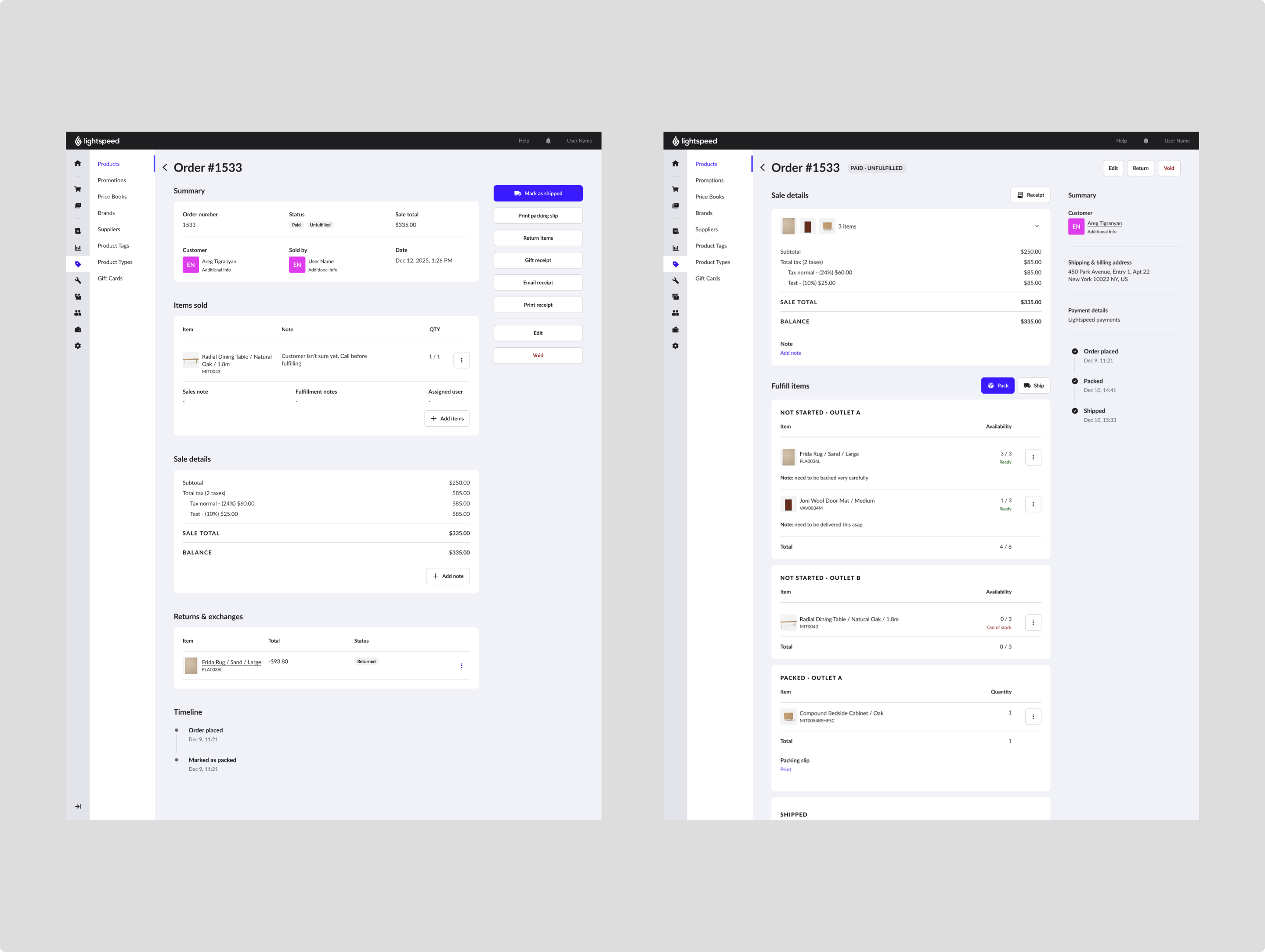 Wireframe options for unified order details and fulfillment layouts