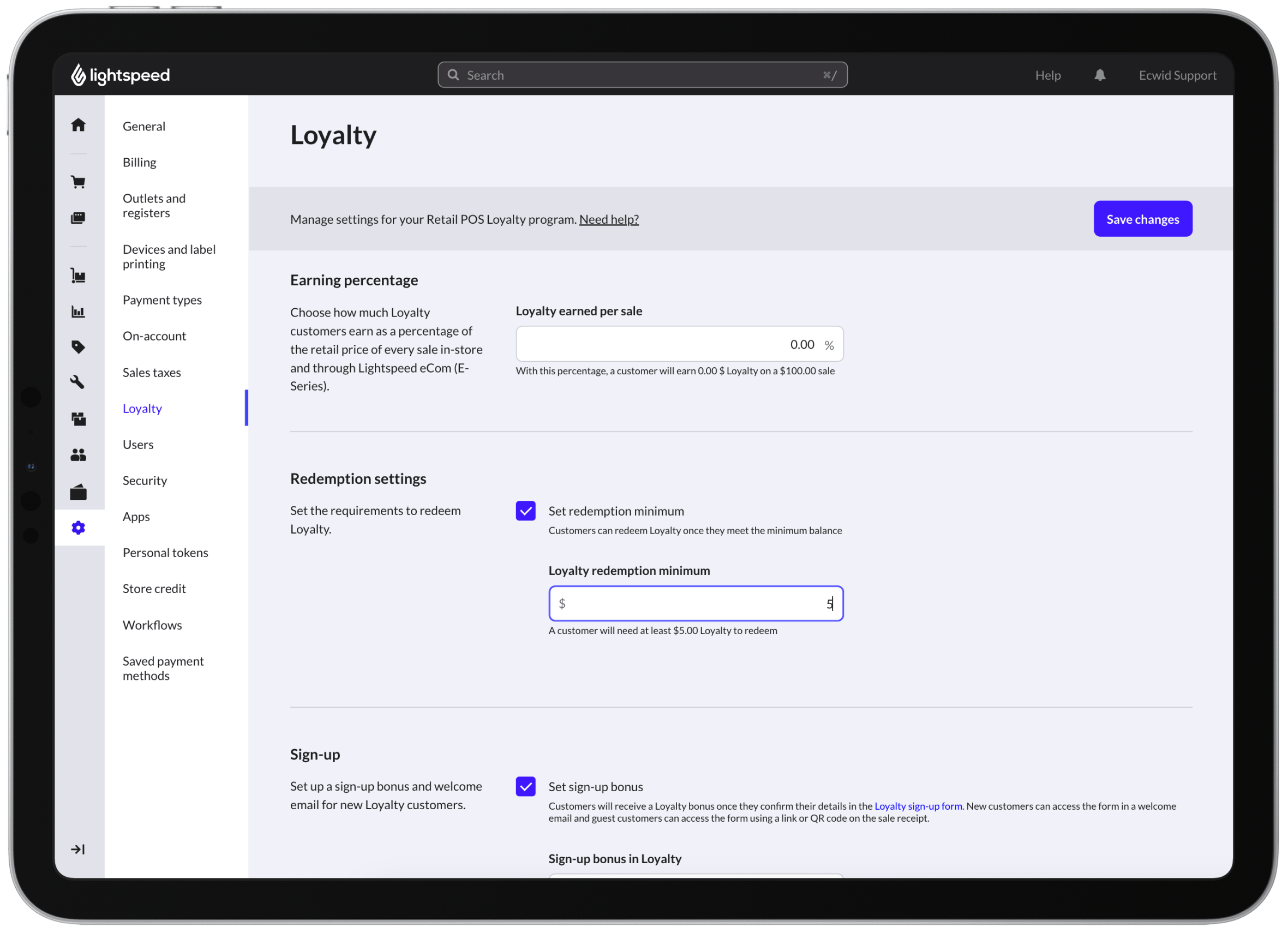 Lightspeed loyalty settings with earning and redemption controls