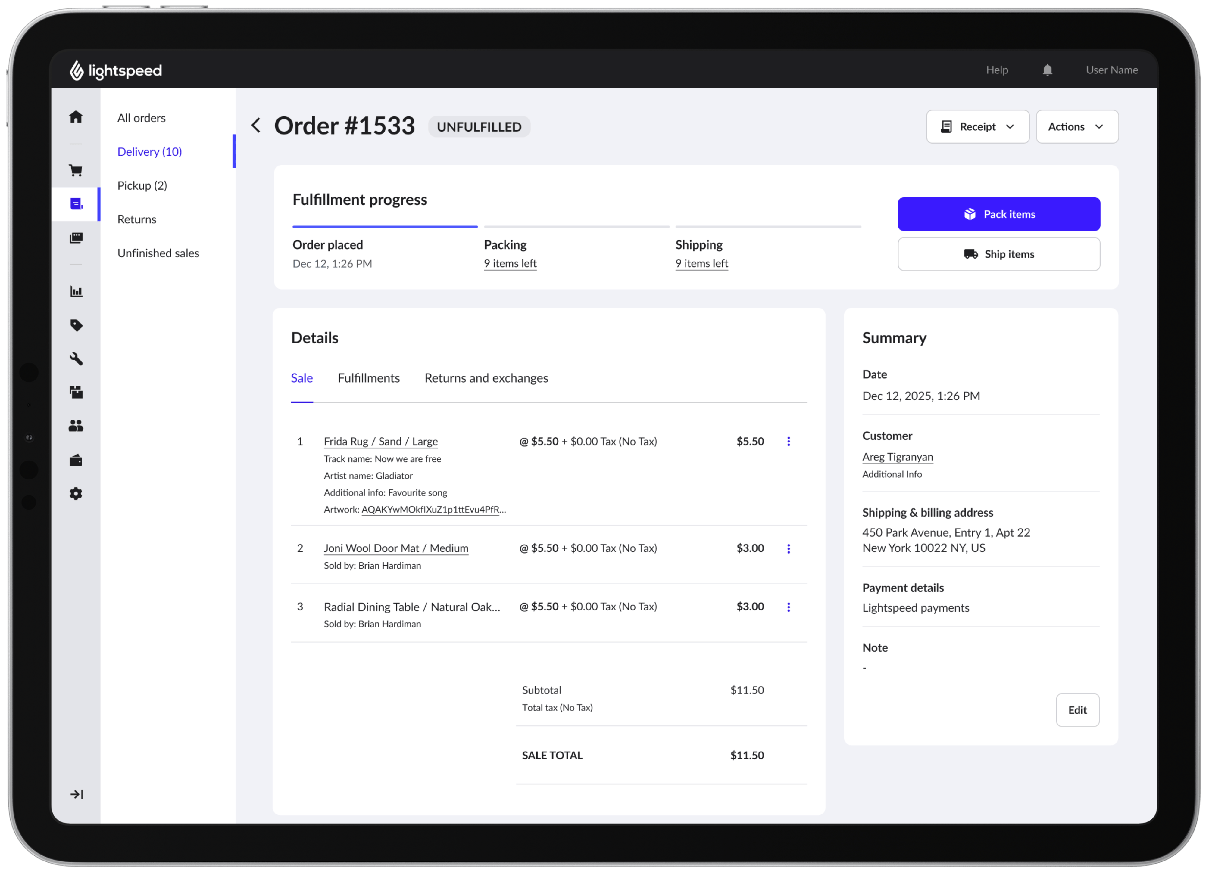 Lightspeed order details screen with fulfillment progress, sale items, and order summary