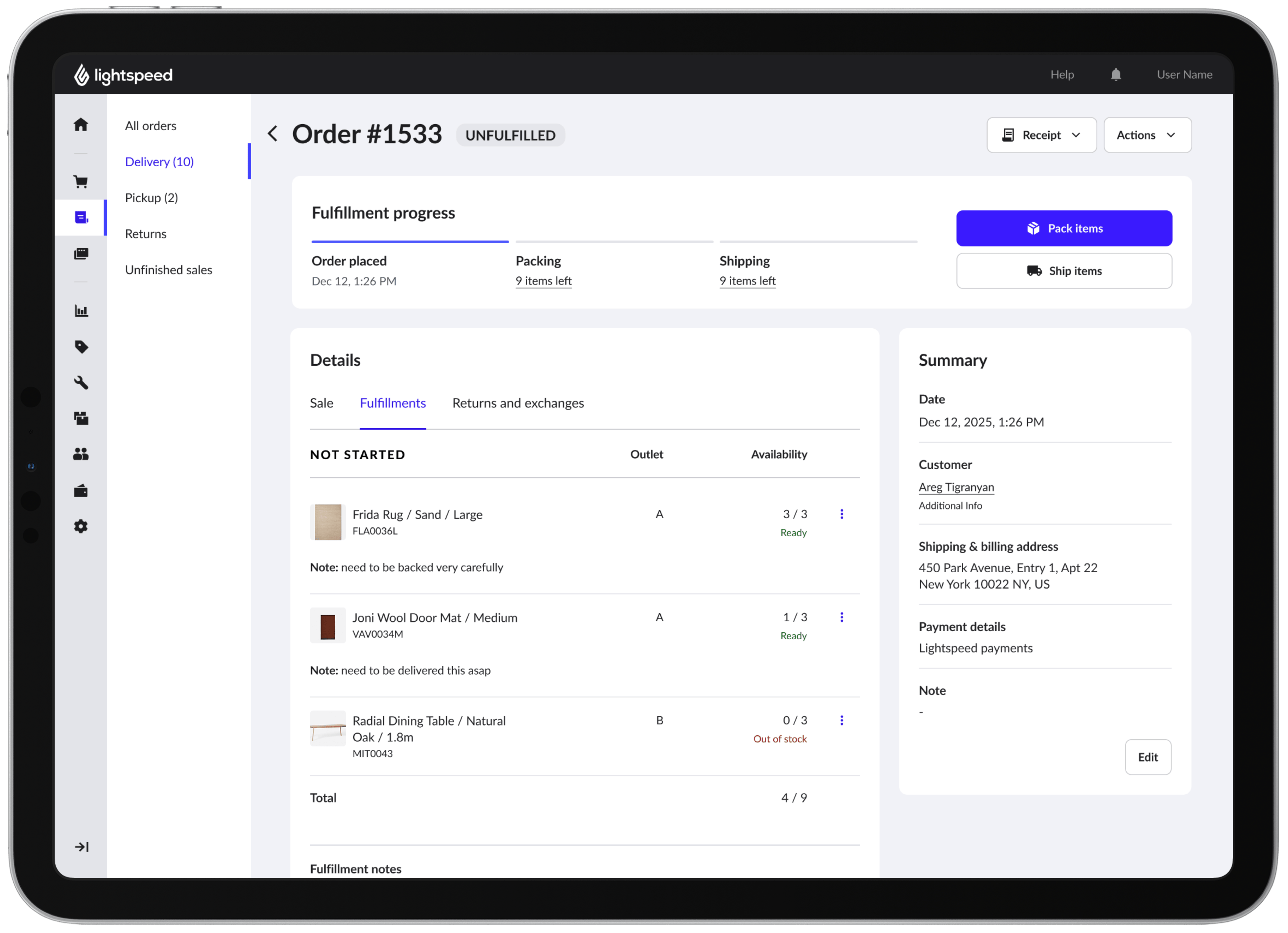 Lightspeed order fulfillment screen with item states and availability