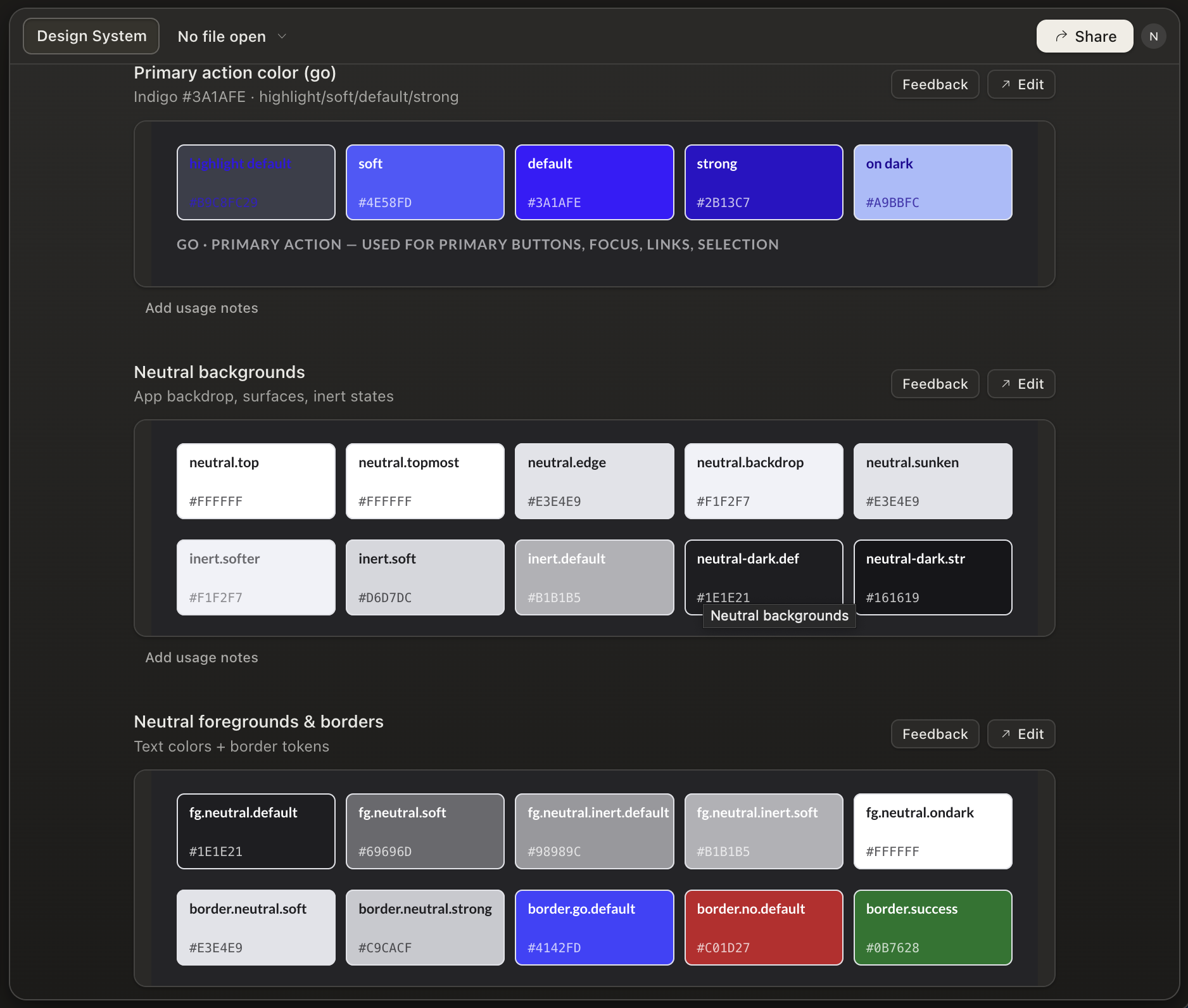 Design system color tokens used for the AI loyalty draft