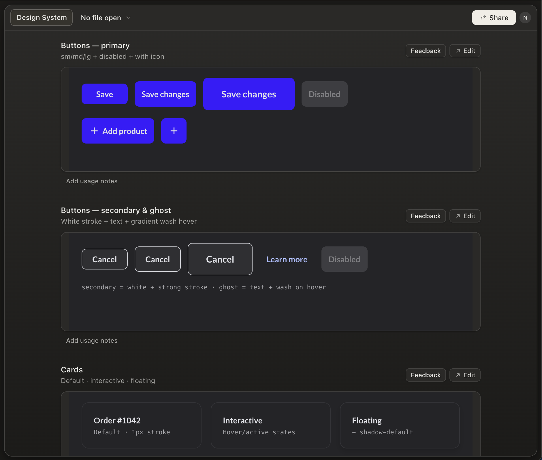 Design system button and card components used for the AI loyalty draft
