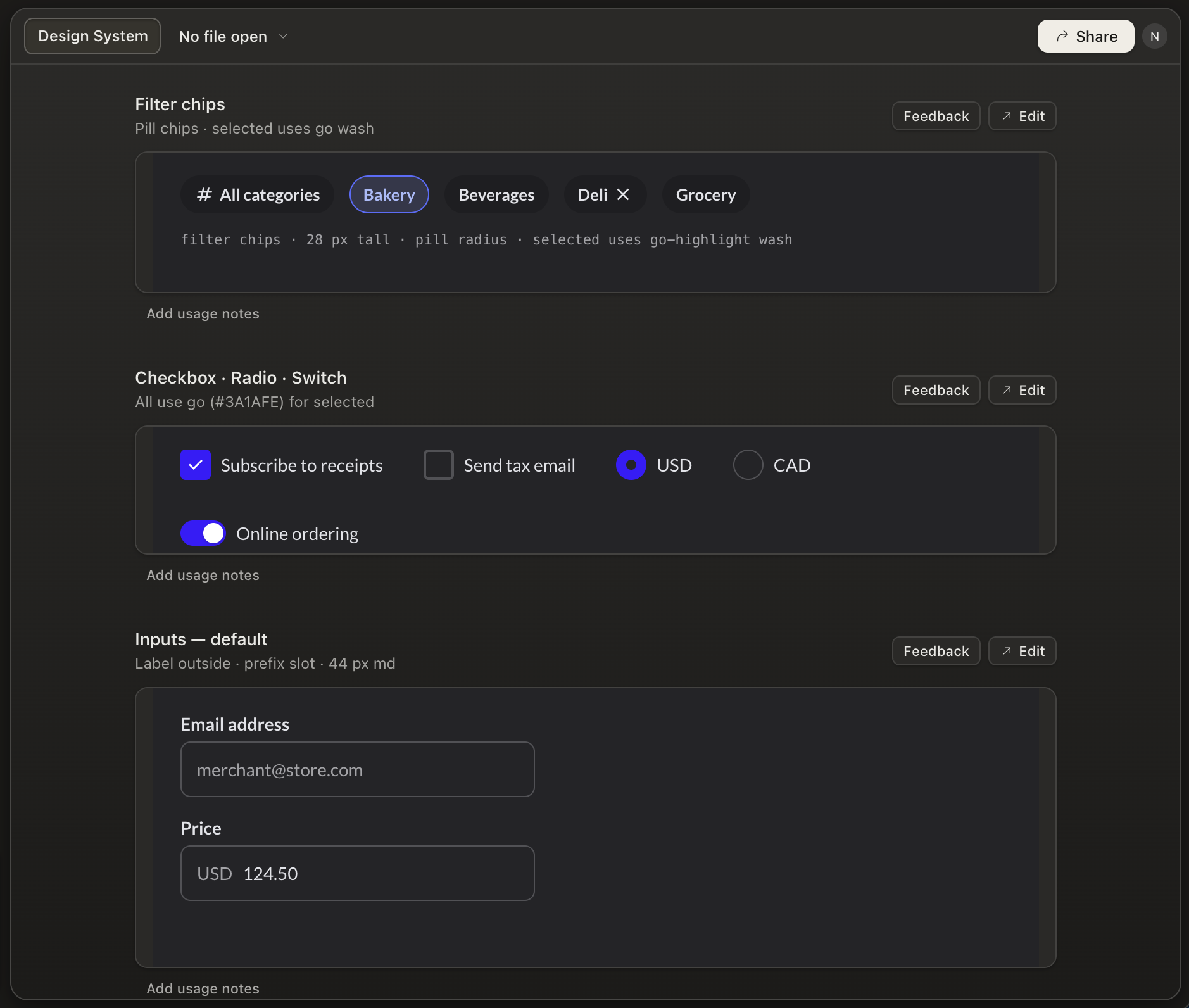 Design system filter, input, checkbox, radio, and switch components used for the AI loyalty draft