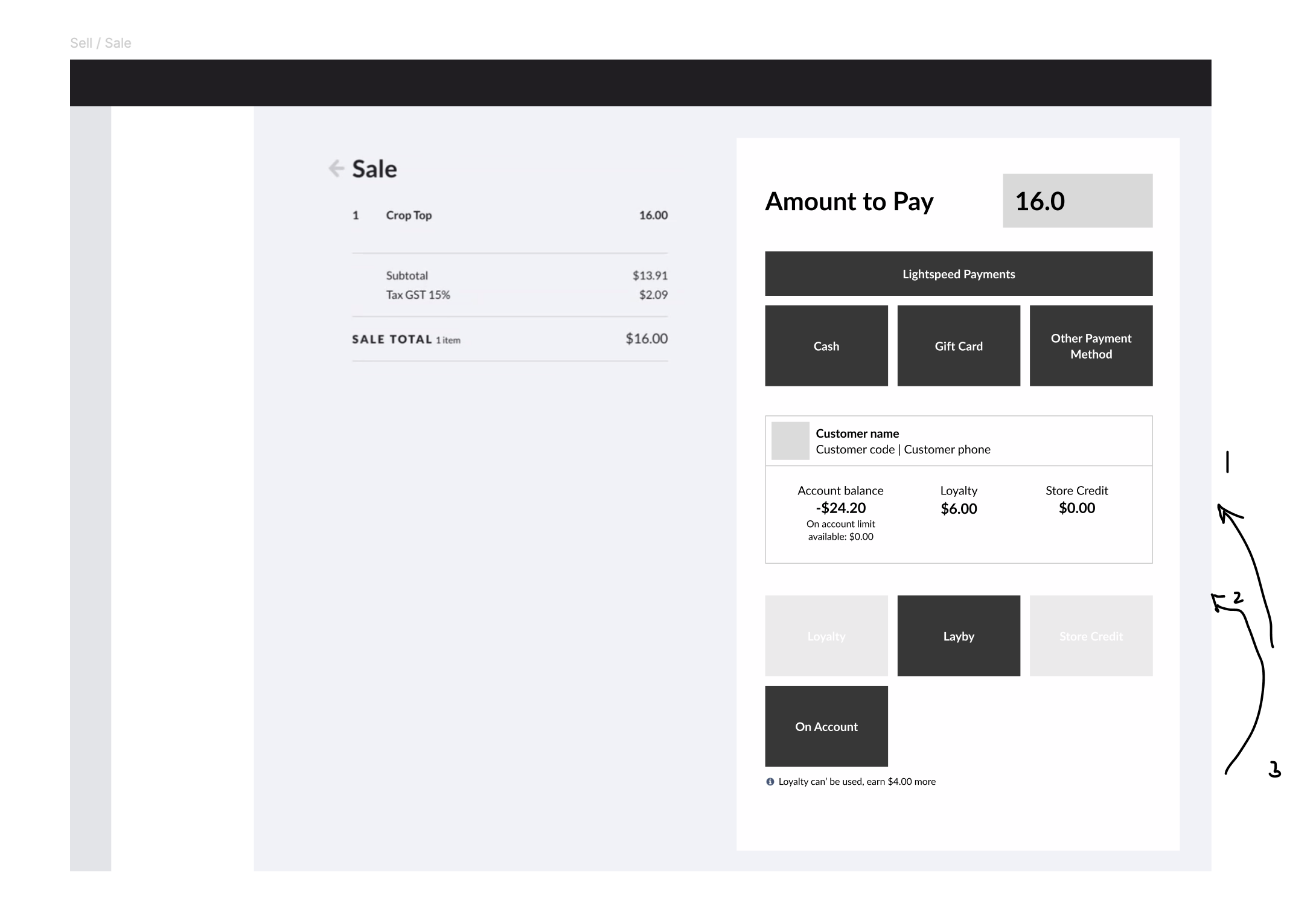 Lightspeed loyalty payment wireframe option with annotated notes