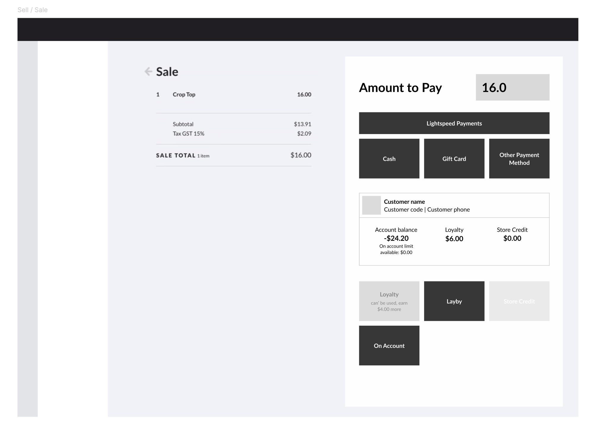 Lightspeed loyalty payment wireframe option