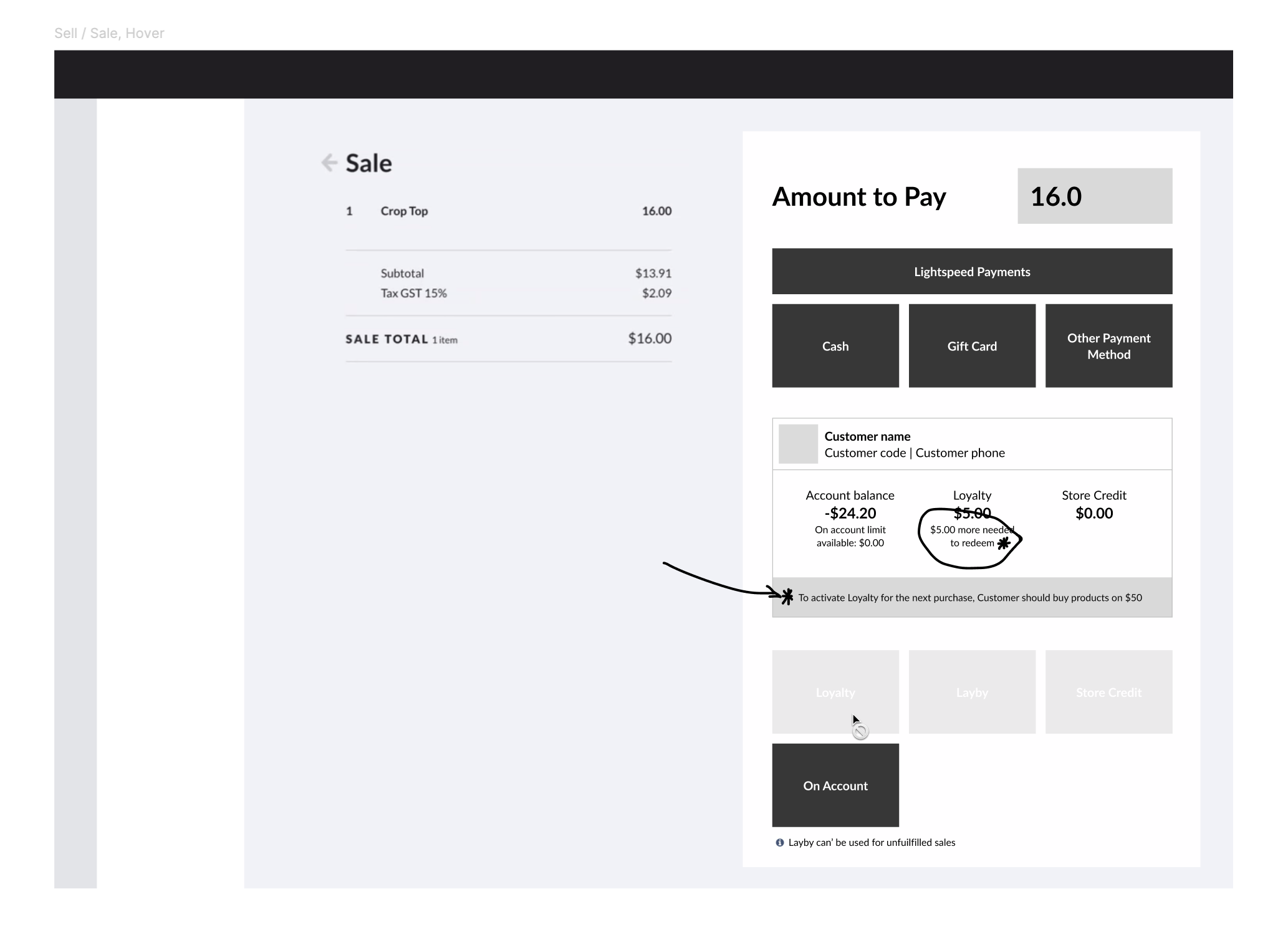Lightspeed loyalty payment hover wireframe option