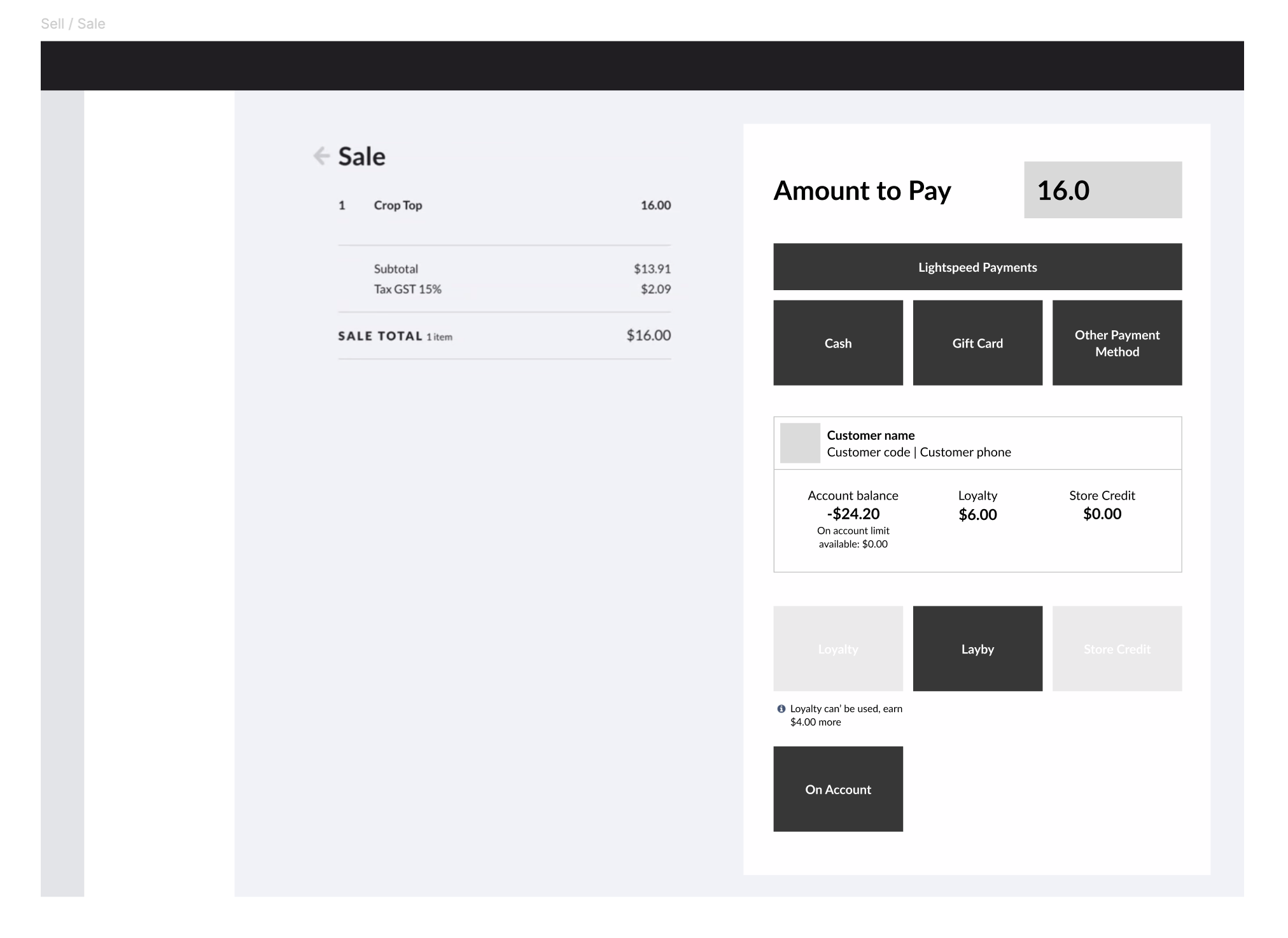 Lightspeed loyalty payment wireframe with inline message