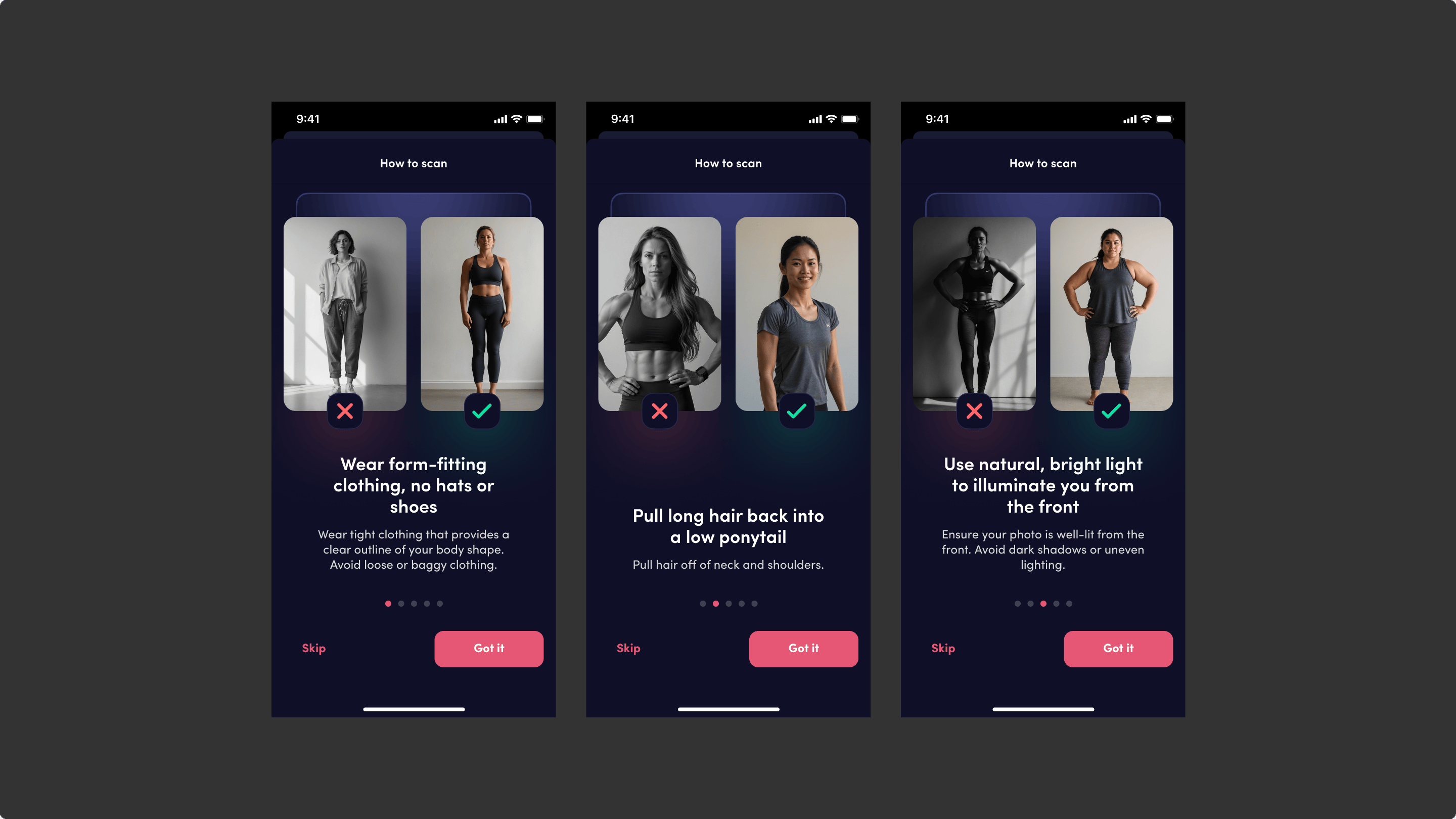 Redesigned Spren scan guide cards with do and do not examples