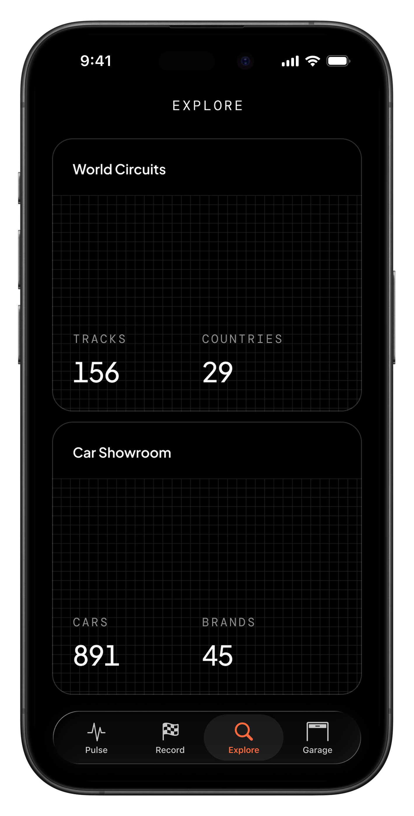 Strada Explore screen with worldwide track and car statistics